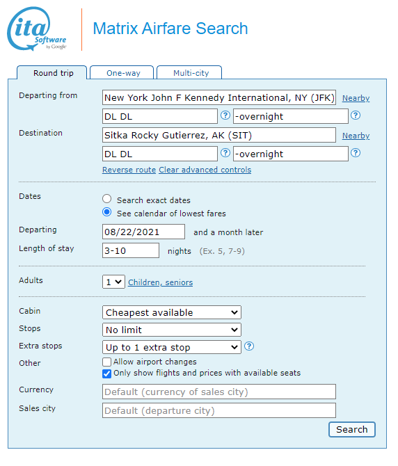 Delta: New York – Sitka, Alaska. $167 (Basic Economy) / $237 (Regular