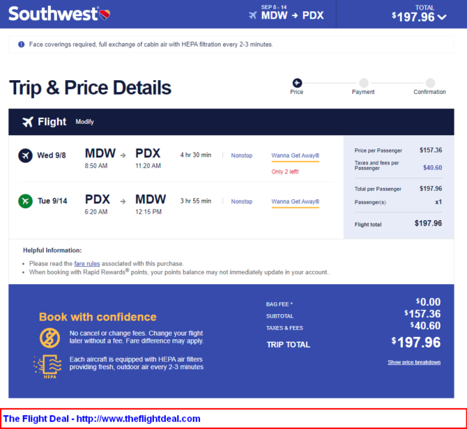 Southwest: Chicago – Portland, Oregon (and vice versa). $198. Roundtrip ...