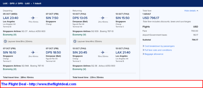 Singapore Air Los Angeles Bali Indonesia. 796. Roundtrip