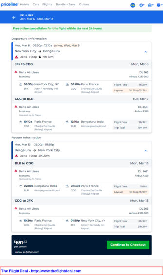 Delta / Air France: New York – Bangalore, India. $692. Roundtrip, including all Taxes