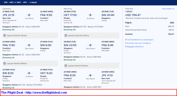 Singapore Air: New York – Phuket, Thailand. $794. Roundtrip, including