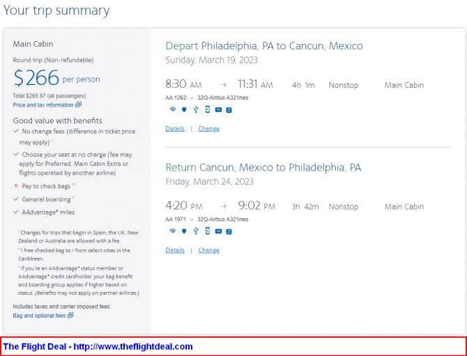 American Philadelphia Cancun Mexico. 266. Roundtrip