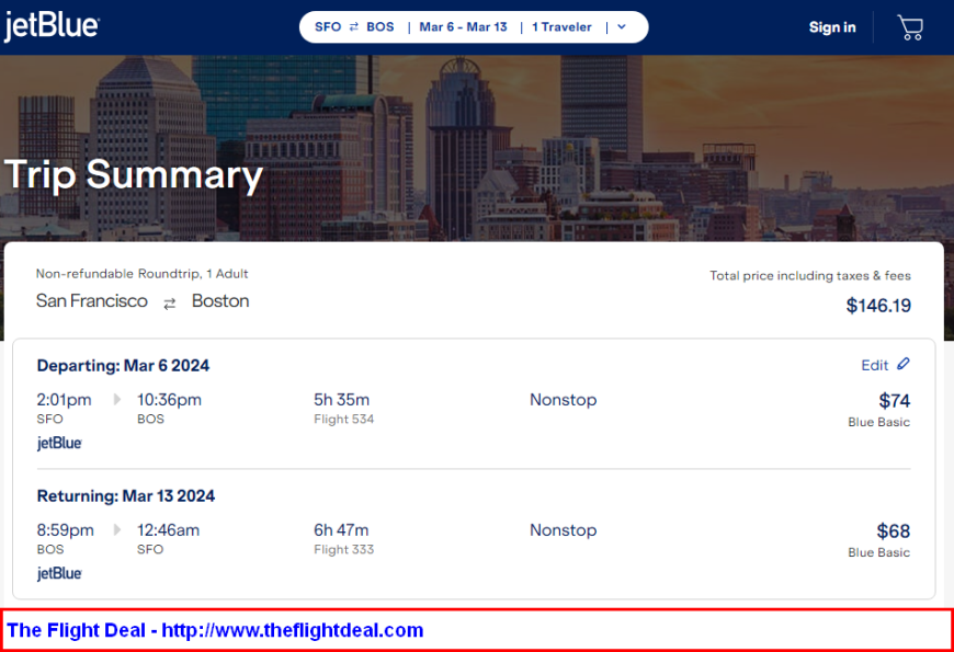 jetBlue San Francisco Boston (and vice versa). 146 (Basic Economy