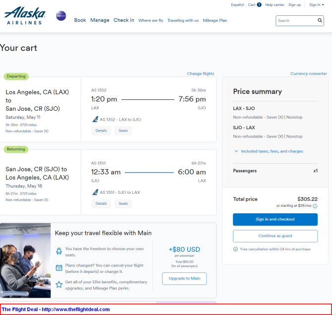 Alaska Air: Los Angeles – San Jose, Costa Rica. $305 (Basic Economy ...