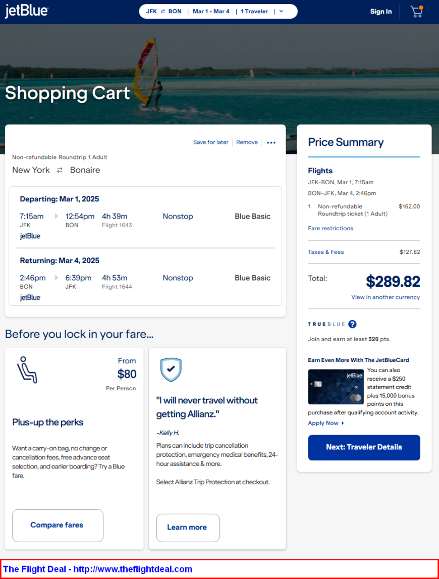 jetBlue: New York – Bonaire. $290 (Basic Economy) / $370 (Regular ...