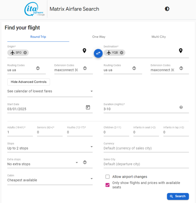 Matrix Airfare Search Example