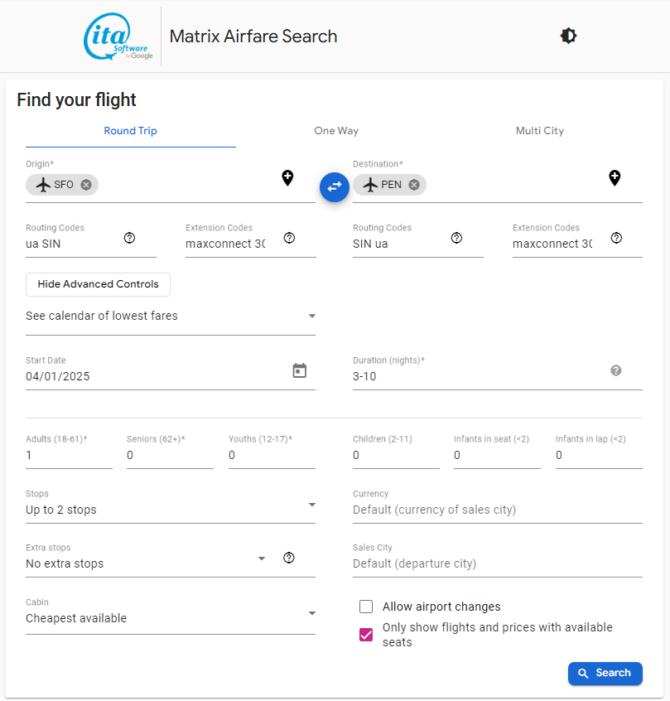 Matrix Airfare Search Example